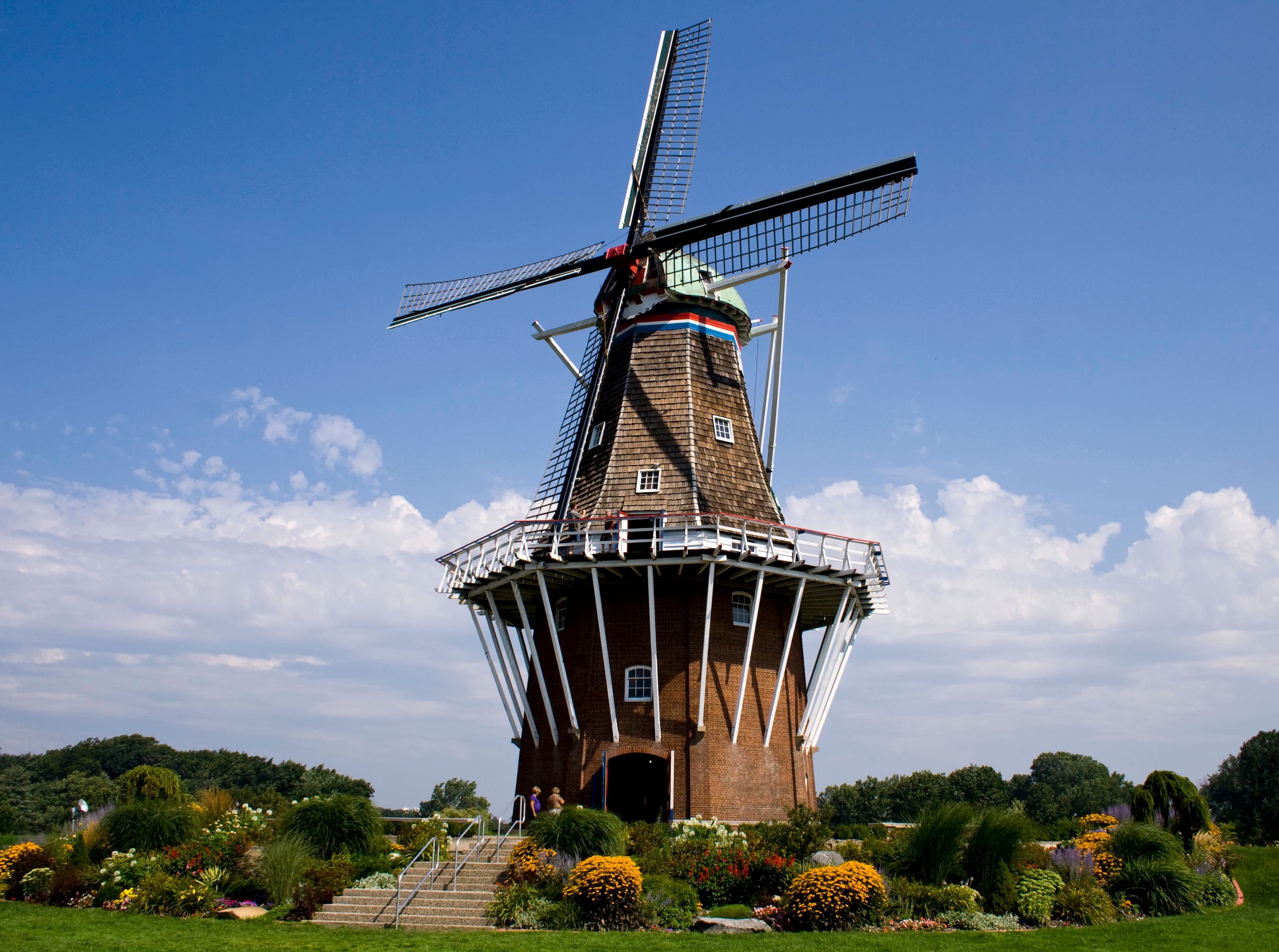 Aerial view of Holland, Michigan with a wooden windmill and tulip beds